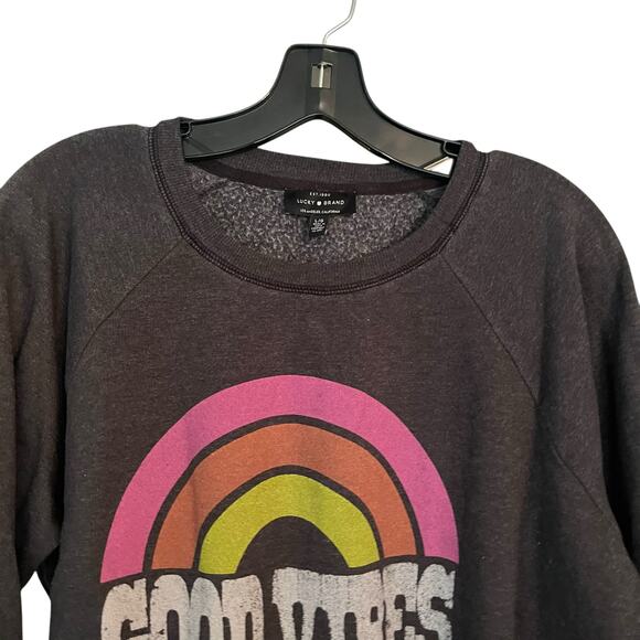 LUCKY BRAND Women’s Gray Good Vibes Sweatshirt Size Large Rainbow Shirt - Picture 2 of 11